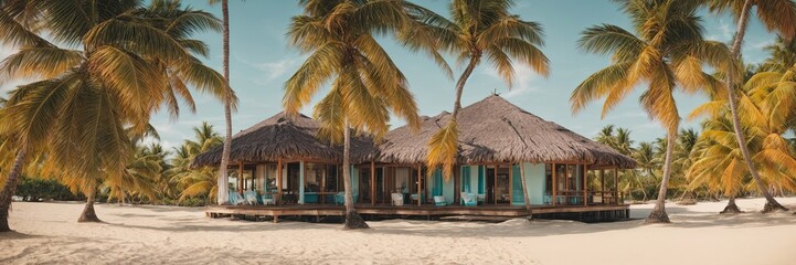 Fototapeta premium Bungalow by sunset shoreline, palm silhouette, luxury private island stay, all-inclusive rental, digital illustration for travel site.