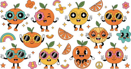 Fototapeta premium Cute Orange Fruit Characters Collection with Funny Citrus Mascots, Slices, Rainbow and Retro Cartoon Elements for Kids Stickers, Summer Designs and Kawaii Illustrations