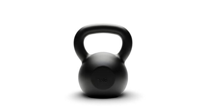 Heavy black iron kettlebell and gym weights isolated on a white background for fitness training and strength exercise
