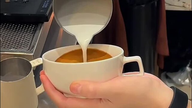 Barista Pouring Rosetta Latte Art in Ceramic Coffee Cup