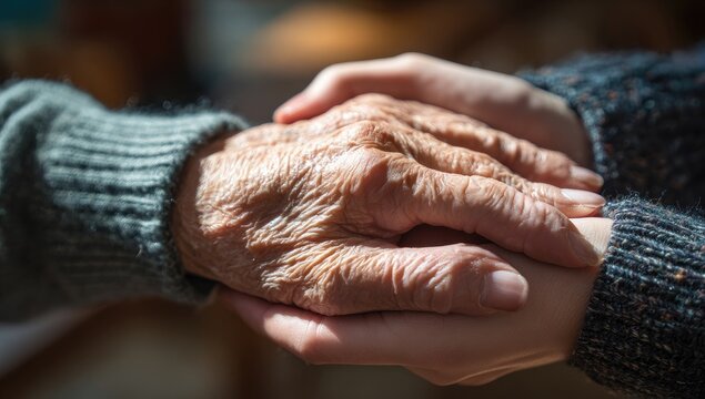 Close-up of elderly hands clasped together showing wrinkles and texture.