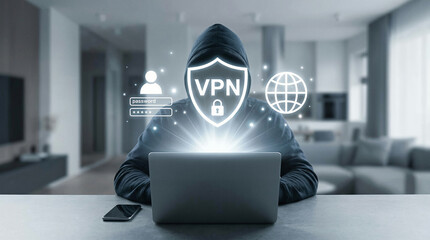 Fototapeta premium The man connected to a VPN for online anonymity