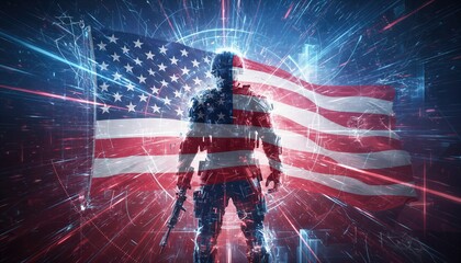 Obraz premium Soldier standing in front of waving United States flag. Futuristic digital warrior with glowing light beams. Memorial Day and Independence Day concept for patriotic military honor tribute.