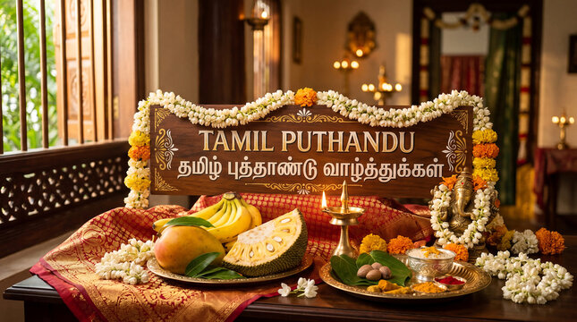 Tamil New Year or Puthandu marks the beginning of the Tamil calendar year, celebrated with kolam designs, prayers, festive meals, and prosperity rituals.