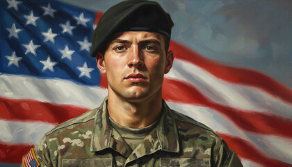 Obraz premium Portrait of American soldier in military uniform and beret standing against United States flag. Realistic oil painting for Veterans Day, Memorial Day. Patriotic army hero illustration.