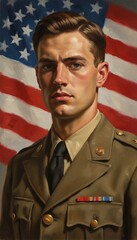 Obraz premium Portrait of a young soldier in uniform standing in front of American flag. Military man honoring heritage. Patriotic artwork for Memorial Day, Veterans Day and Independence Day celebration.