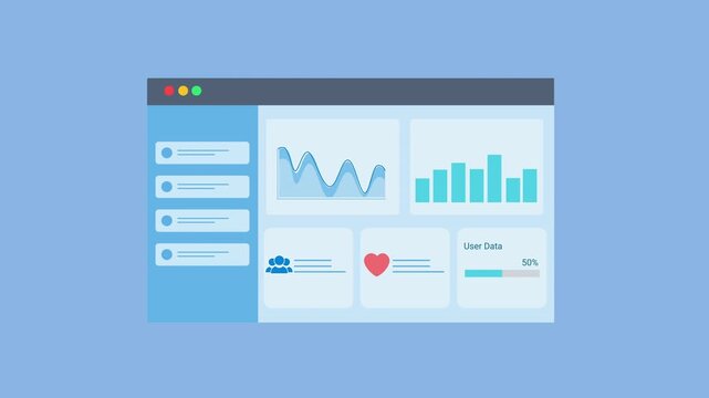 Animated data analytics dashboard interface with charts, graphs, and interaction icon. Flat vector motion design representing digital monitoring, user activity metrics, and business analytics panel.