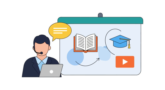 Online Course Instructor and E-learning Concept. Man with Headset, Laptop, Book, Graduation Cap, and Video Tutorial Screen.