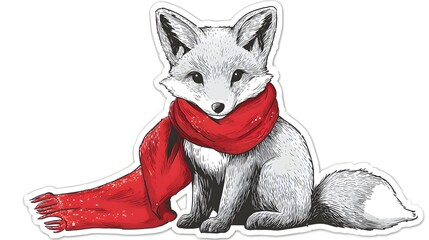 Obraz premium Cute Arctic Fox Wearing a Red Scarf in Winter.