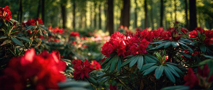 Vibrant Red Rhododendrons Bloom in a Lush Forest Setting.