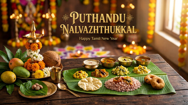 Tamil New Year or Puthandu marks the beginning of the Tamil calendar year, celebrated with kolam designs, prayers, festive meals, and prosperity rituals.