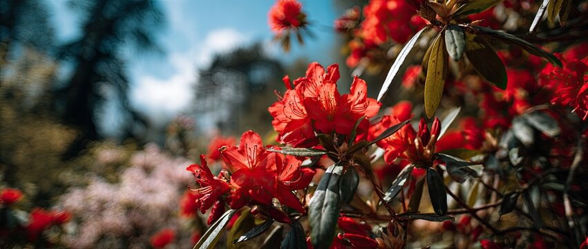 Vibrant Red Rhododendron Flowers Blooming in a Lush Garden.