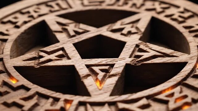 Detailed wooden pentagram carving with glowing ancient runic symbols