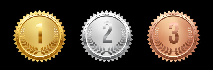 Gold, silver, and bronze medals with laurel wreaths and numbers 1, 2, 3. 3D award icons for first, second, and third place in sports, competitions, athletic events. Realistic vector illustration.