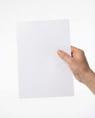 Male hand holding vertical blank white A4 paper sheet isolated on plain clean light background.