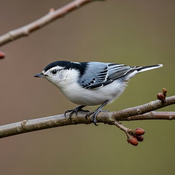 White Breasted Nuthatch perched on branch outdoors.