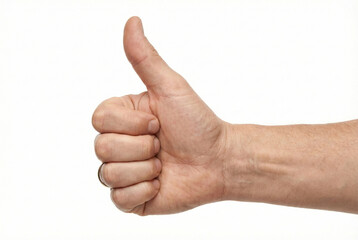 Male hand showing thumbs up gesture as symbol of approval success and positive result on white background.