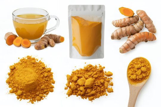 Turmeric powder and root with packaging