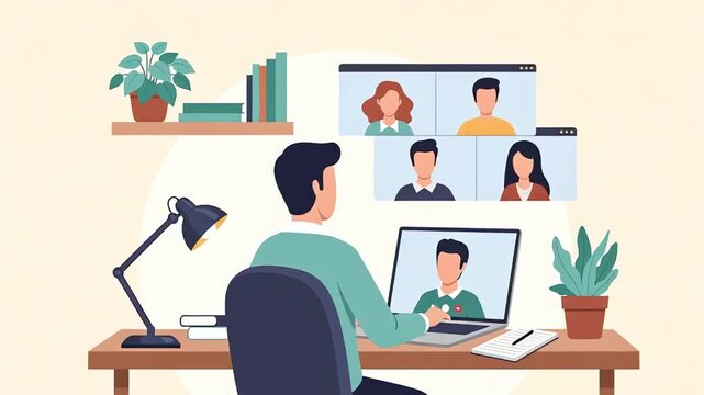 Man working on a laptop, participating in a video conference call with multiple people. Remote business meeting and online communication. Work from home and digital collaboration technology