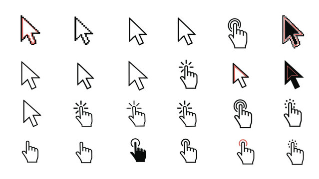 Comprehensive collection of various computer mouse cursors including arrow pointers and hand icons in different styles and orientations.