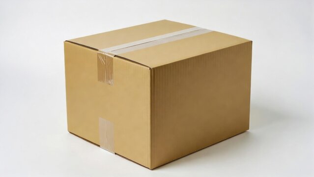 Isolated brown corrugated cardboard box with clear packing tape for shipping and storage