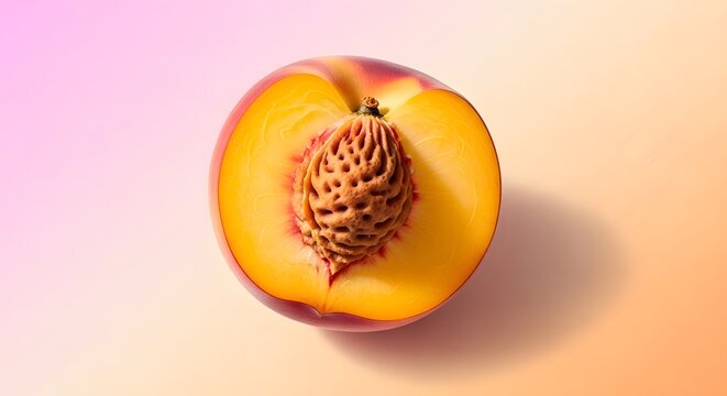 Closeup of a halved peach with visible pit on a gradient background fruit yellow