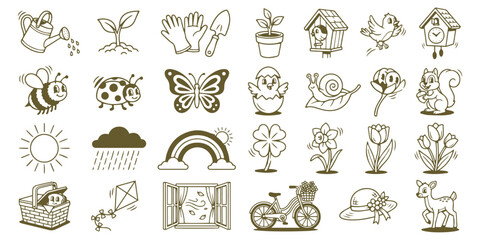 Cute vintage cartoon spring nature vector icon bundle featuring gardening elements wildlife characters weather and outdoor seasonal graphic design illustrations © Rusa