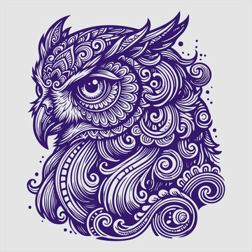Ornate zentangle owl head vector icon illustration featuring intricate mandala line art for premium animal bundle and logo design projects