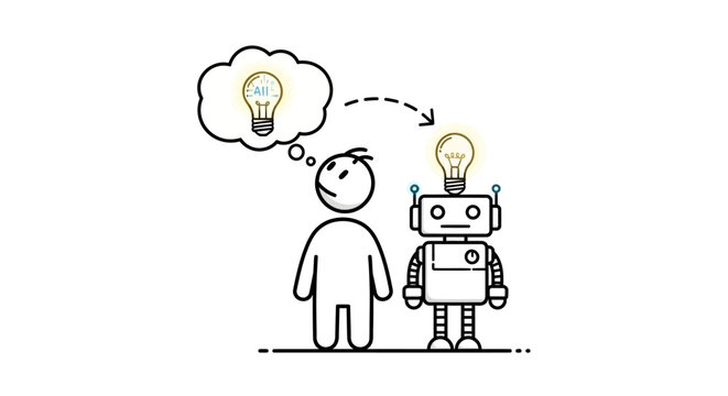 A stick figure person thinking about AI, transferring an idea represented by a lightbulb to a robot, illustrating artificial intelligence concepts and human-robot interaction.