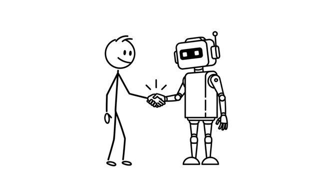 Stick figure person shaking hands with a robot, symbolizing human-robot cooperation and technological partnership.