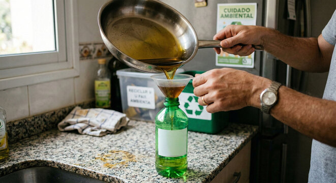 Man pouring used cooking oil through funnel into plastic bottle for further environmentally friendly recycling process