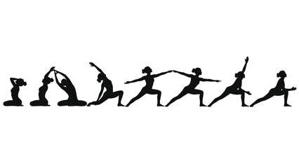 Obraz premium Set of black silhouettes showing various female figures practicing different yoga and stretching poses arranged in a horizontal line.