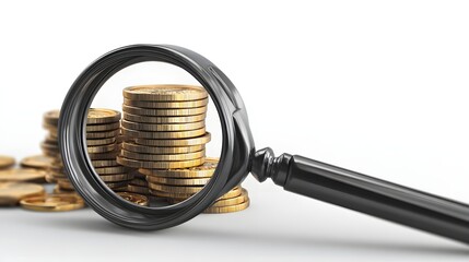 Magnifying Glass Over Stacked Coins Symbolizing Financial Audit and Investment Analysis.
