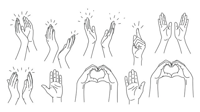 Collection of hand drawn black and white line art illustrations showing various hand gestures like clapping waving and heart shapes.