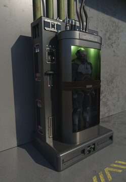 Future Soldier Held in Suspended Animation inside a Cryo Tube, 3d digitally rendered science fiction illustration