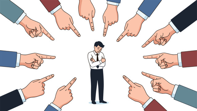 Troubled man standing with crossed arms surrounded by several human hands pointing fingers in blame or judgment.