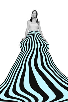 Composite image montage trend artwork 3D collage of young woman smile posing haf body line striped zebra style print way surrealism abstract