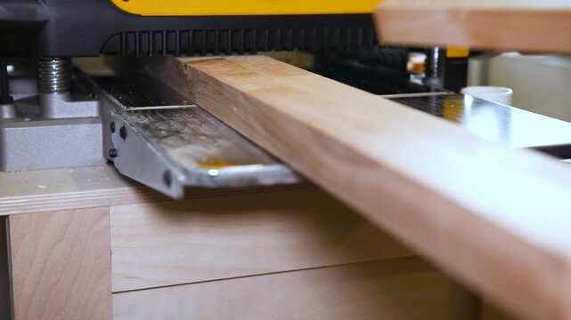 Carpenter shaping wooden block on planer thicknesser jointer machine in workshop.