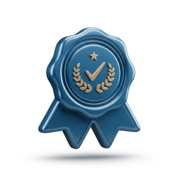 Blue ribbon badge with gold checkmark and laurel wreath