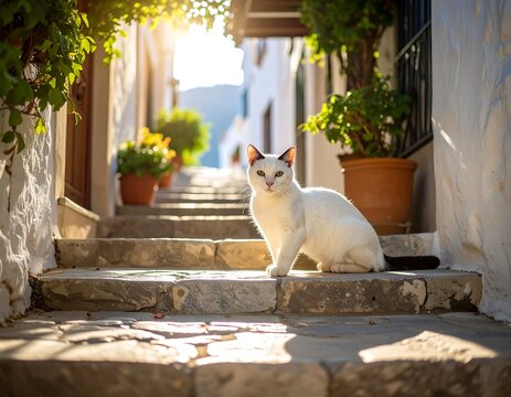 White Cat Sitting on Stone Steps Outdoors.