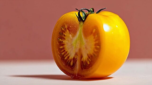 Half of a yellow tomato with seeds