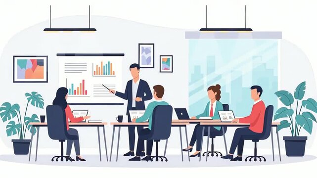 Business professionals attending a corporate presentation in a modern office setting. A team leader explains charts and graphs on a whiteboard to colleagues. Flat illustration animated graphics
