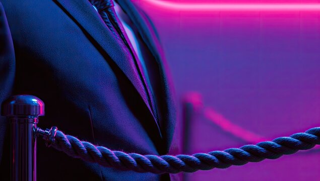 Elegant Man in Suit Behind Velvet Rope with Neon Lights.
