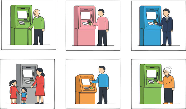 Set of flat vector illustrations featuring diverse people using automated teller machines for banking financial transactions and cash withdrawal services in a clean cartoon style.