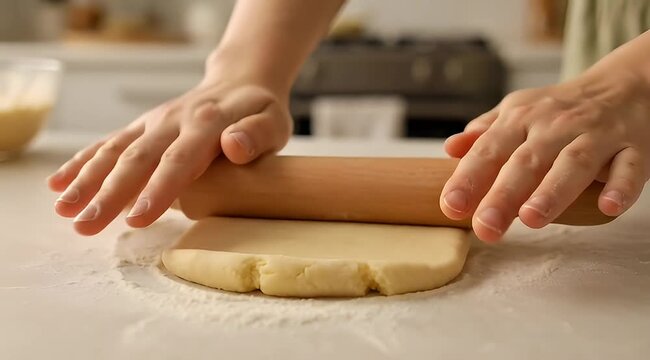 Hands rolling out cookie dough on a floured surface using a rolling pin