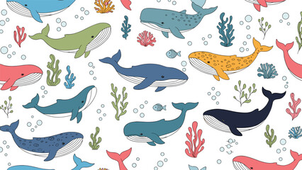 Obraz premium Playful sea life seamless pattern features different species of whales swimming among coral reefs and seaweed in a bright ocean environment.