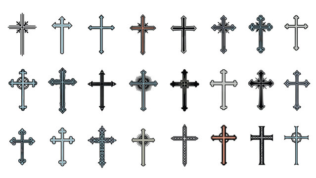 Large set of diverse Christian cross symbols and religious crucifixes are displayed in various artistic styles and ornate designs for church use.