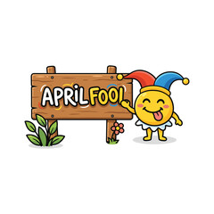 Fototapeta premium Funny April Fools Sign Cartoon Emoji with Jester Hat and Wooden Board Illustration