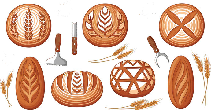 Artisan bakery bread collection with decorative crust loaves, wheat ears and baking tools vector illustration