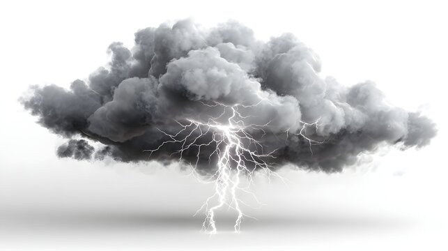 Dramatic Thunderstorm Cloud with Lightning Strike Isolated on White Background.